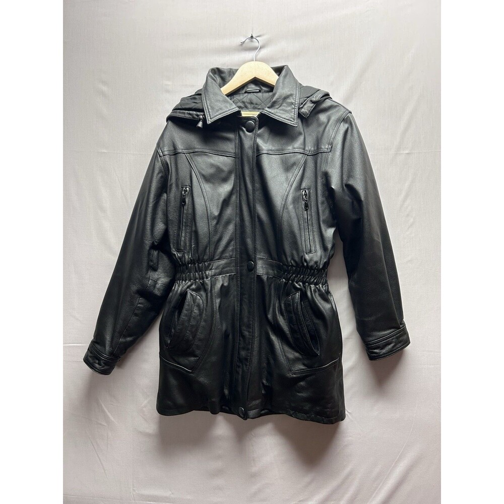Middlebrook Park Womens S Black Leather Hooded Jacket Zip & Button Cinched Waist